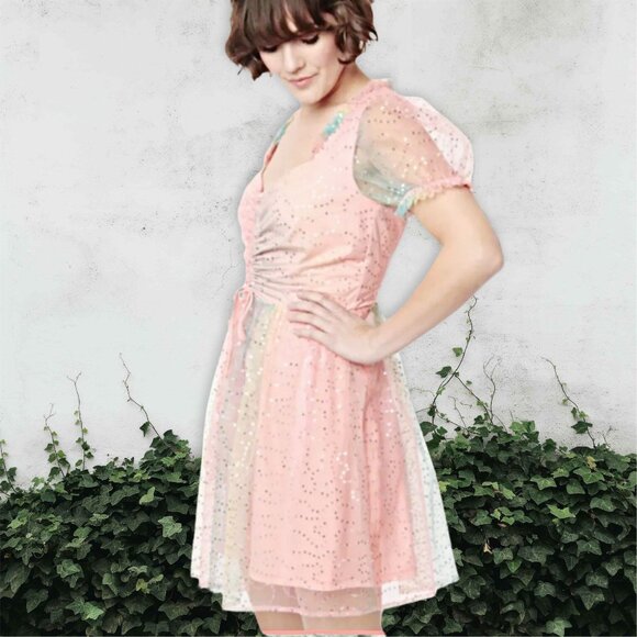 Unique Vintage Fit & Flare Rainbow Mini Dress Sequin Tulle Skirt Swing Plus 3X - Picture 3 of 13